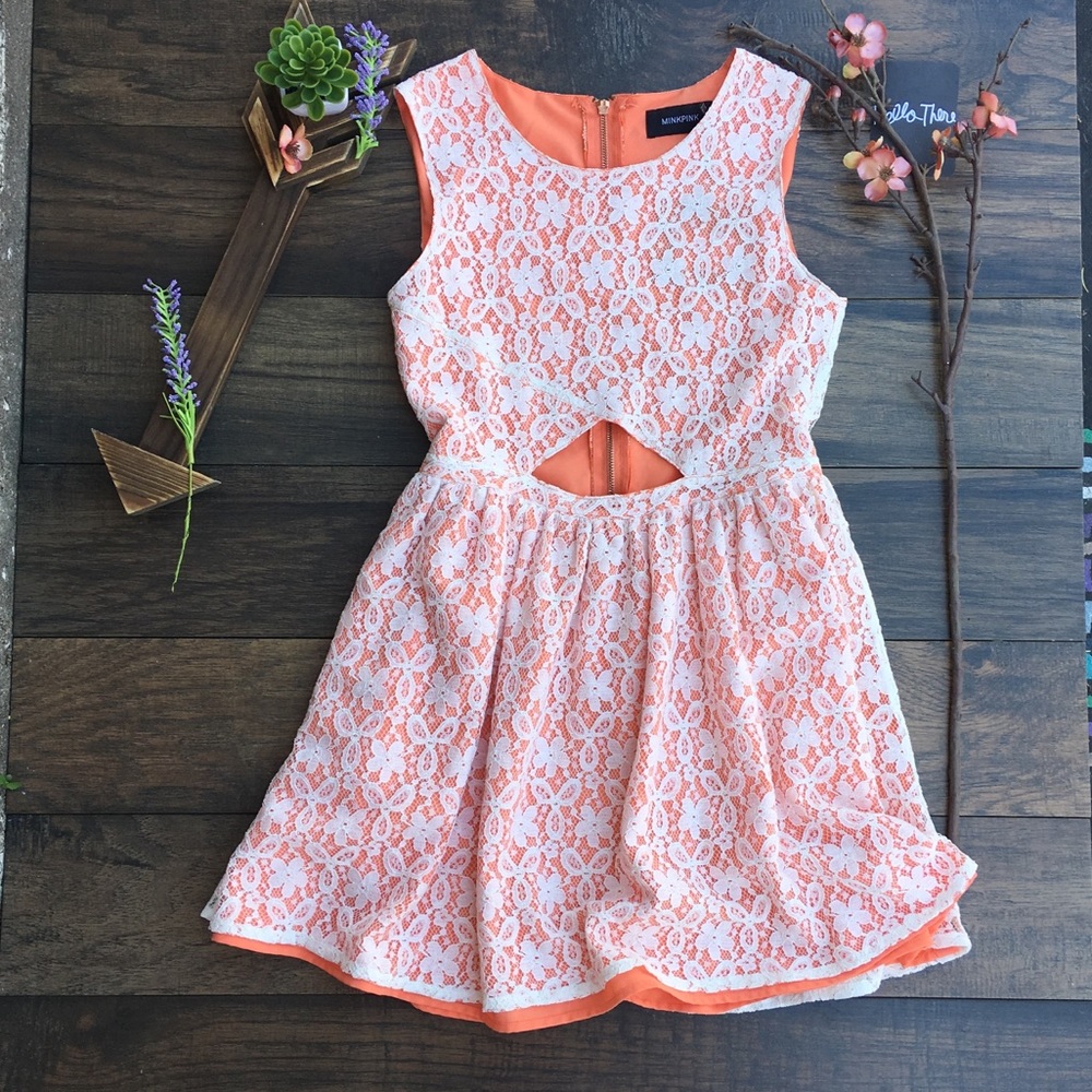 MINKPINK CORAL WHITE LACE DRESS